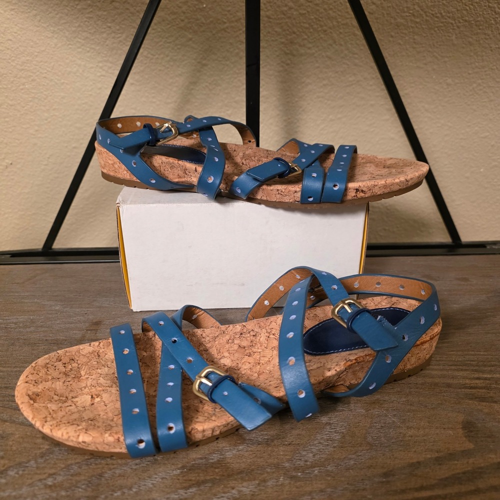 Söfft Blue Leather Cork Wedge Sandals‎ Adjustable Straps Women's Size 9